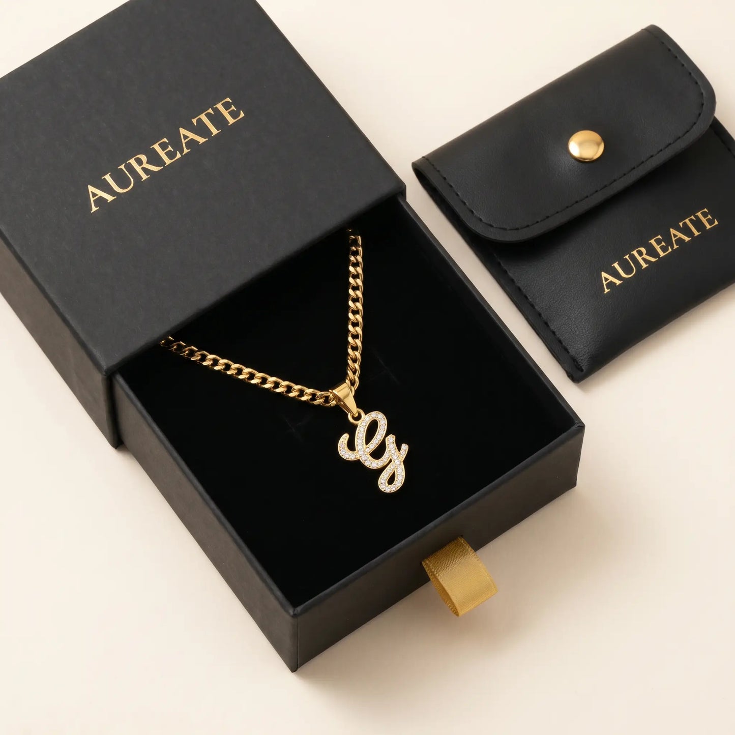 Crystal Script Initial Pendant 18K Gold Plated AUREATE gift box slide-drawer cursive G