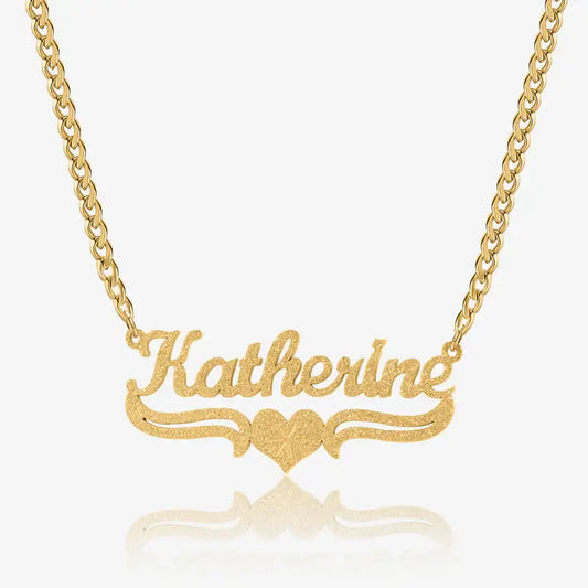 AUREATE Diamond Cut Love Heart Necklace with personalisation option, showcasing a beautiful gold design featuring the name Katherine.