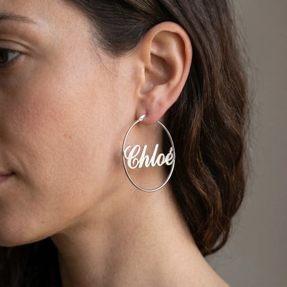 Cursive Name Hoop Earrings AUREATE Earrings Stainless Steel (Silver Tone) / 1.5" (40 mm) Stainless Steel (Silver Tone)