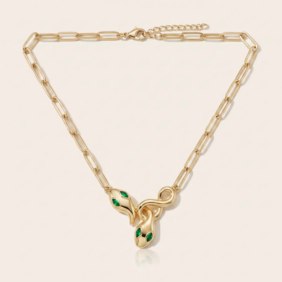 Snake Pendant Necklace AUREATE gold 18K paperclip chain packshot - entwined serpent clasp emerald eyes