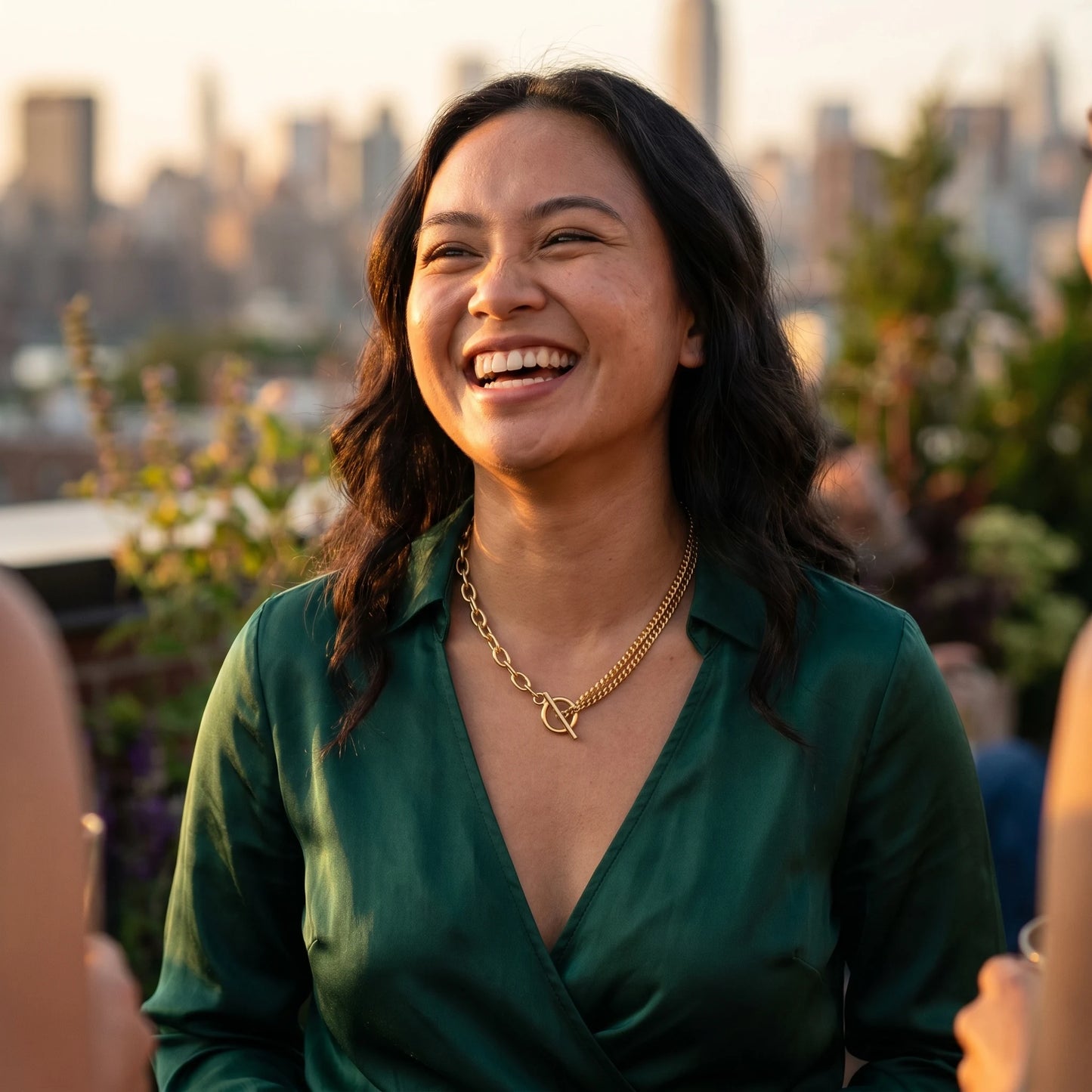 Toggle Cable Curb Necklace gold lifestyle candid laugh on NYC rooftop