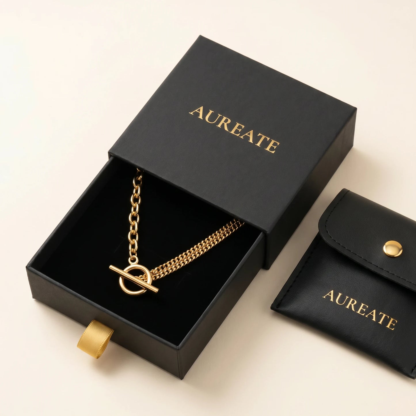 Toggle Cable Curb Necklace gold AUREATE gift box slide-drawer with leather pouch