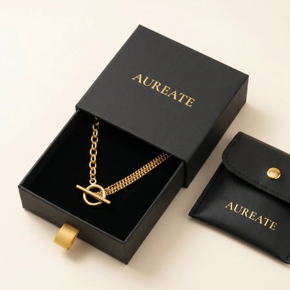 Toggle Cable Curb Necklace gold AUREATE gift box slide-drawer with leather pouch