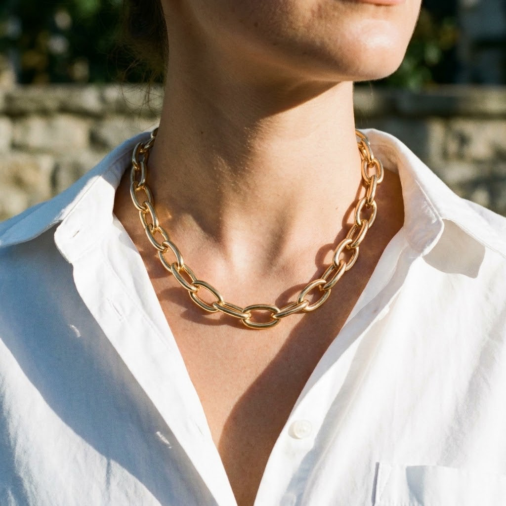 Collier maille large porté sur une chemise blanche ouverte
