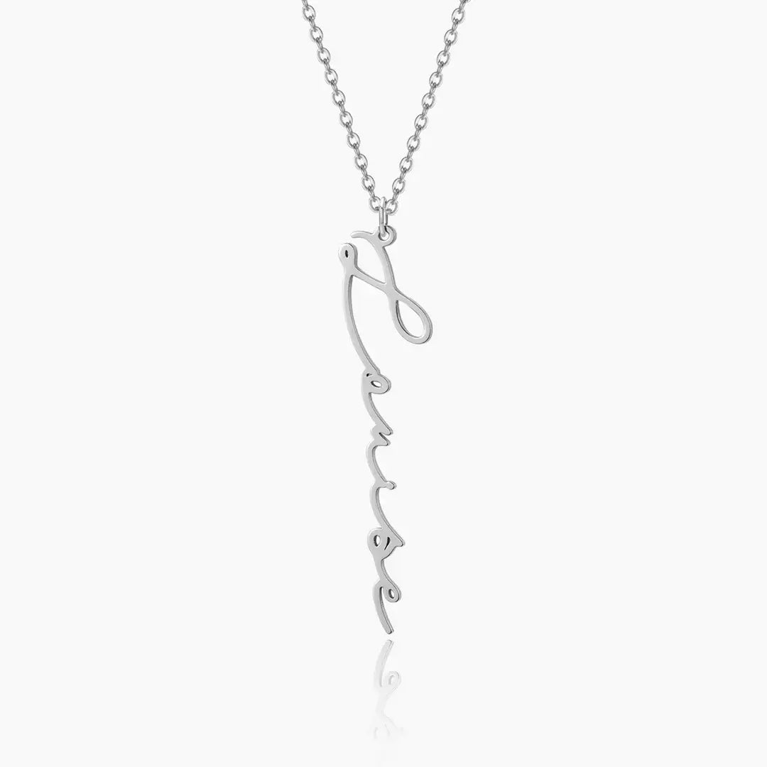 AUREATE Vertical Personalised Necklace in sleek silver design, perfect for an elegant signature look.