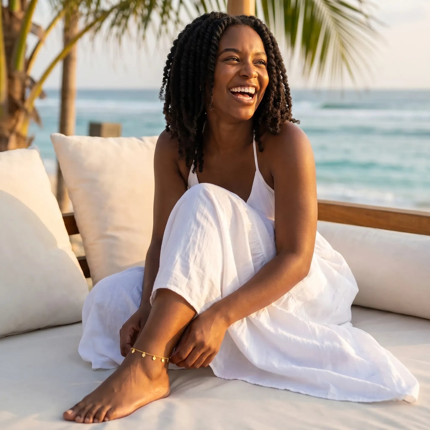 Joy half-laugh lifestyle at Bali beach club daybed wearing tiny gold heart drop anklet