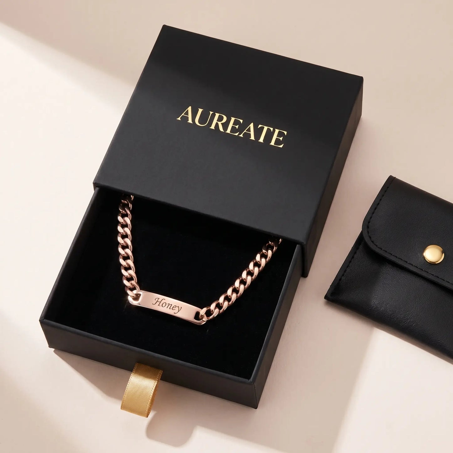Cuban Bar Engraved Bracelet Rose Gold AUREATE gift box Honey