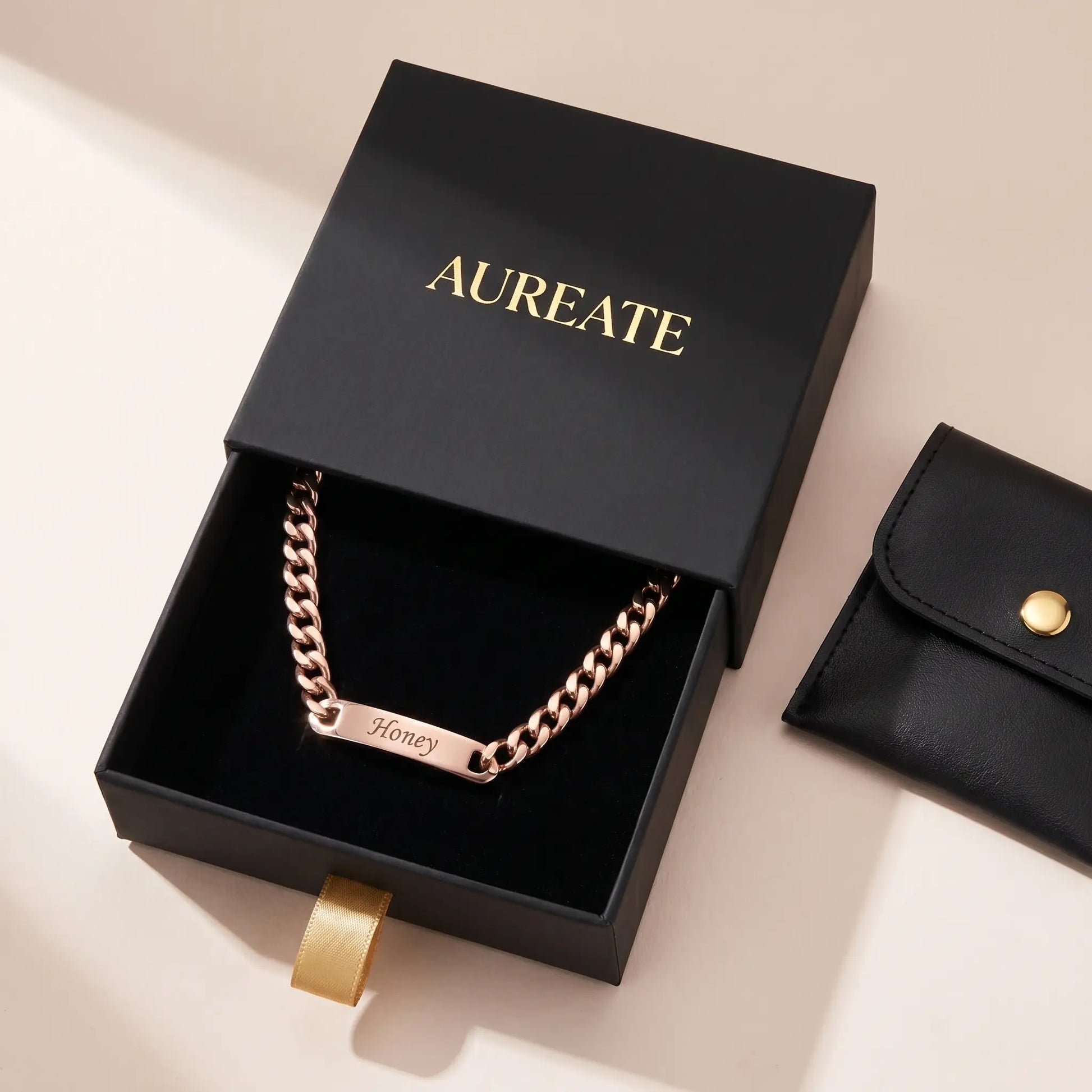 Cuban Bar Engraved Bracelet Rose Gold AUREATE gift box Honey