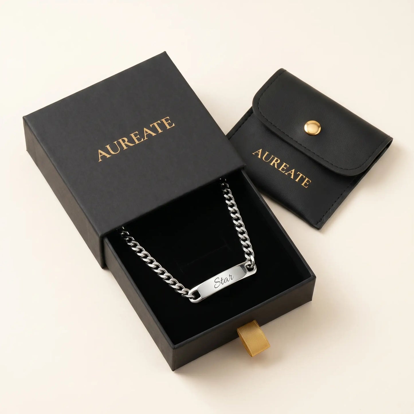 Cuban Bar Engraved Bracelet Silver AUREATE gift box Star