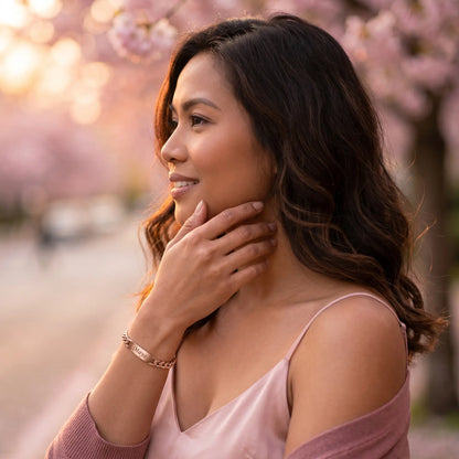 Cuban Bar Engraved Bracelet Rose Gold profile cherry blossom Maya