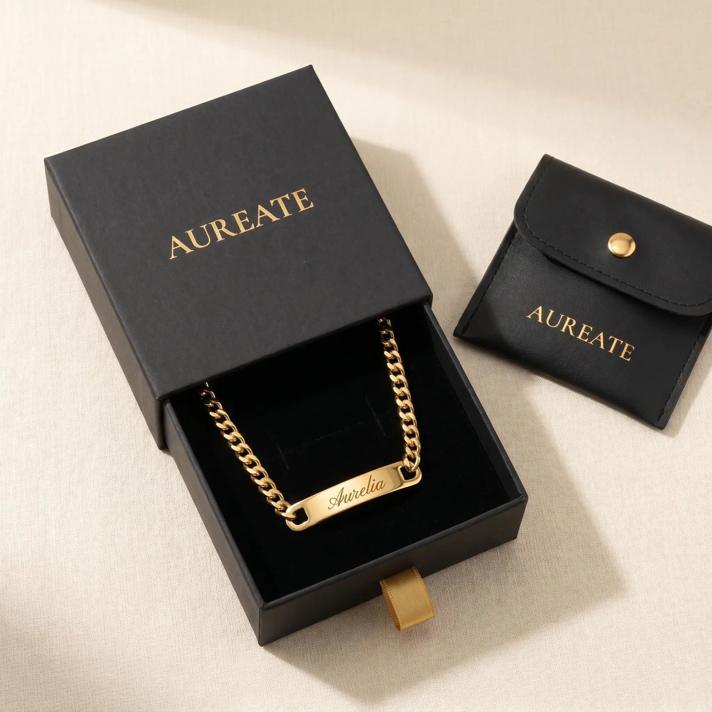 Cuban Bar Engraved Bracelet 18K Gold AUREATE gift box Aurelia