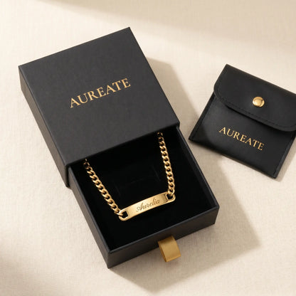 Cuban Bar Engraved Bracelet 18K Gold AUREATE gift box Aurelia