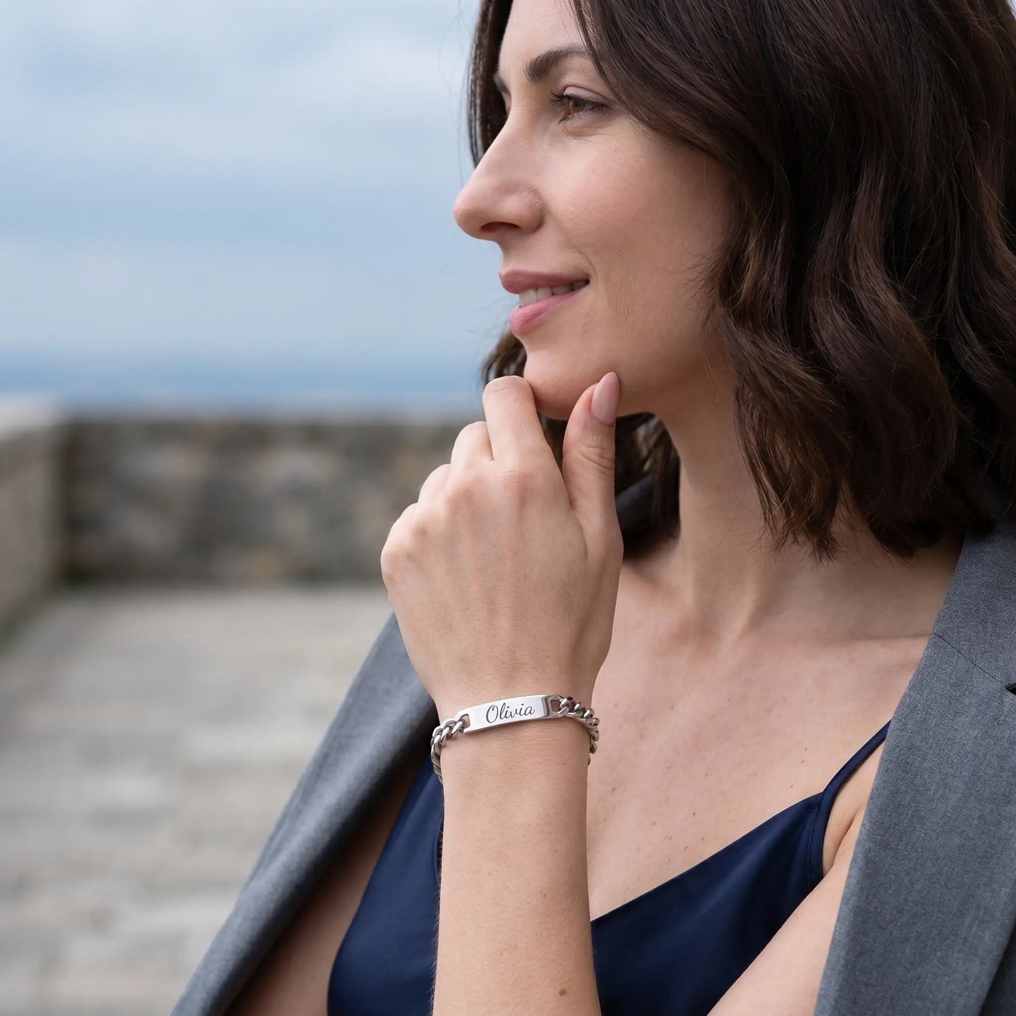 Cuban Bar Engraved Bracelet Silver profile cliffside Olivia
