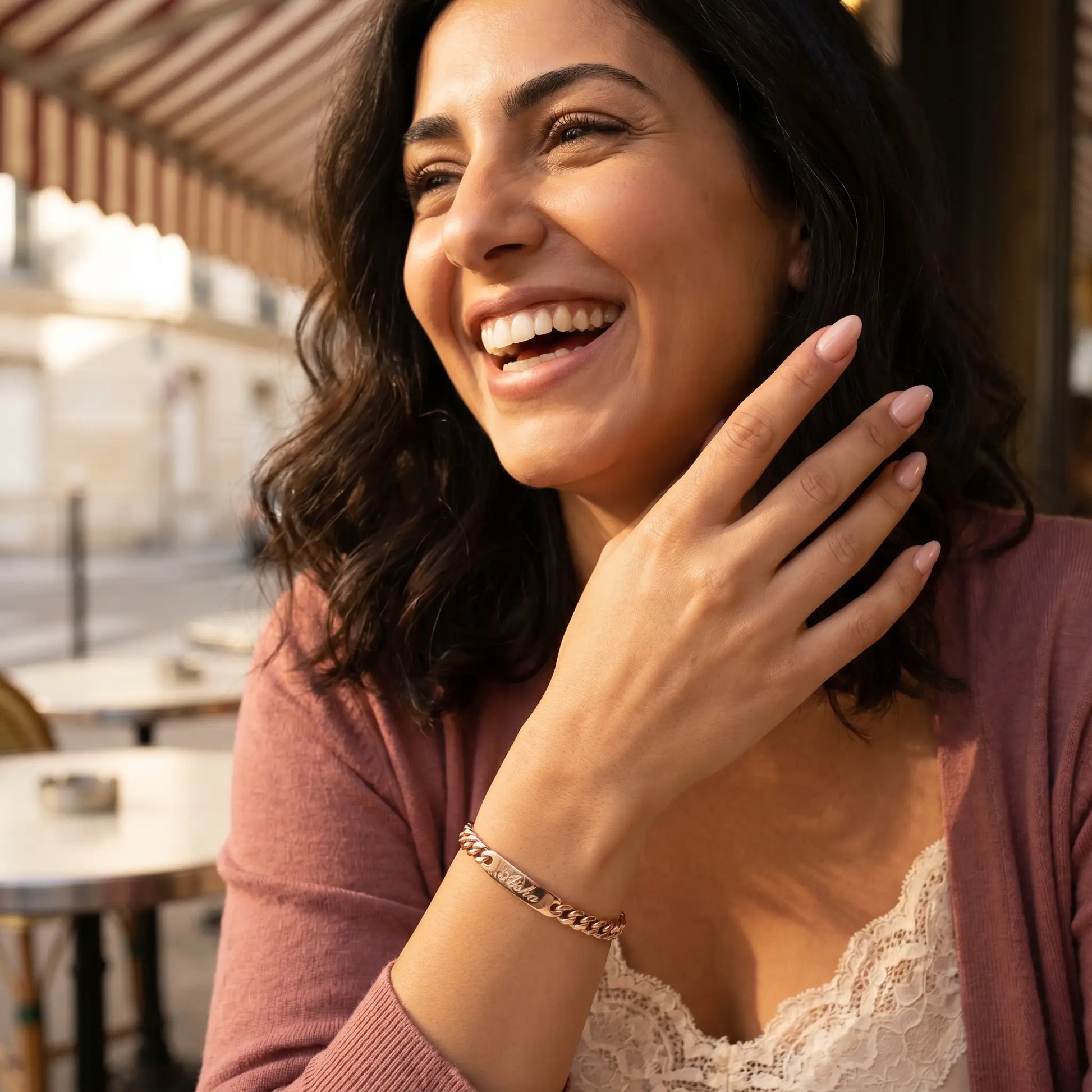 Cuban Bar Engraved Bracelet Rose Gold lifestyle joy Aisha