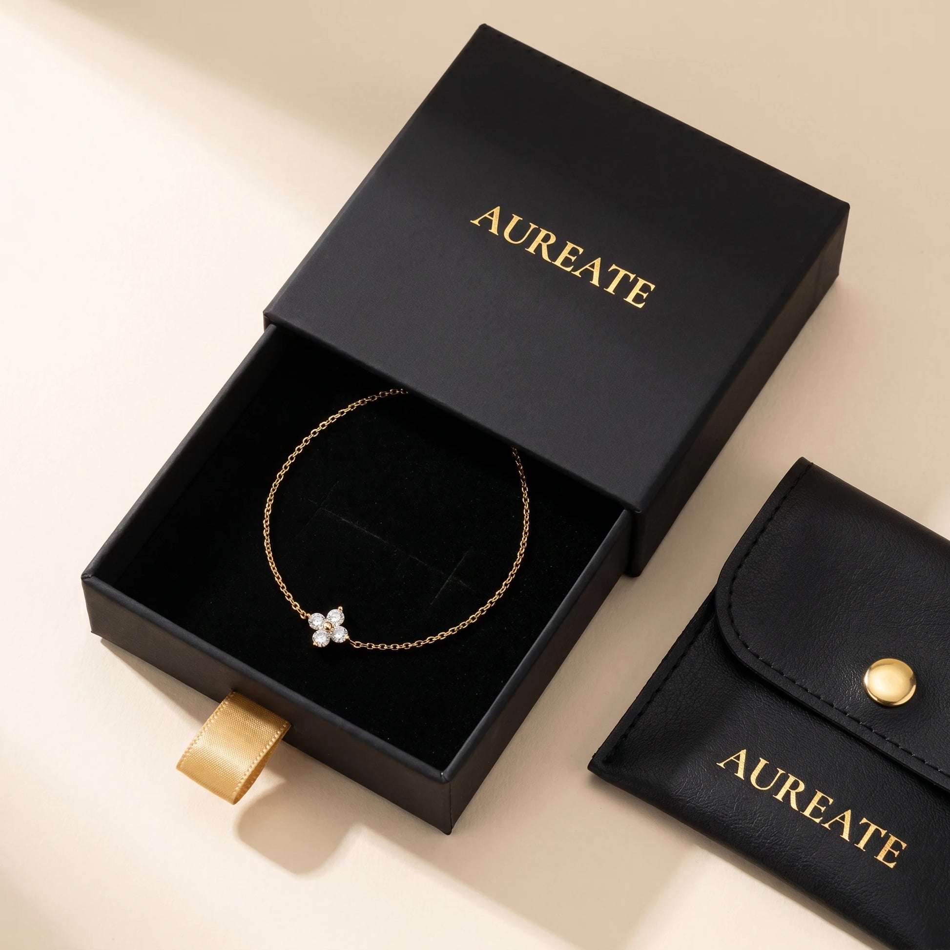 AUREATE gift box gold solitaire four leaf clover bracelet luxury packaging