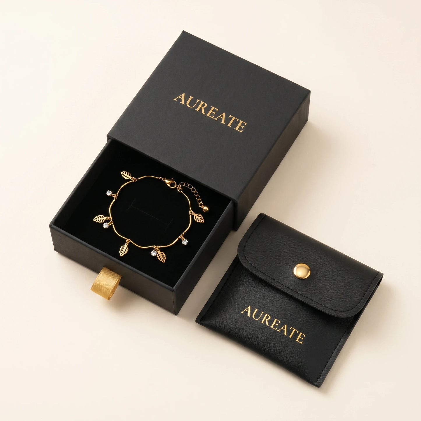 Dainty Leaf Anklet AUREATE matte black gift box v2