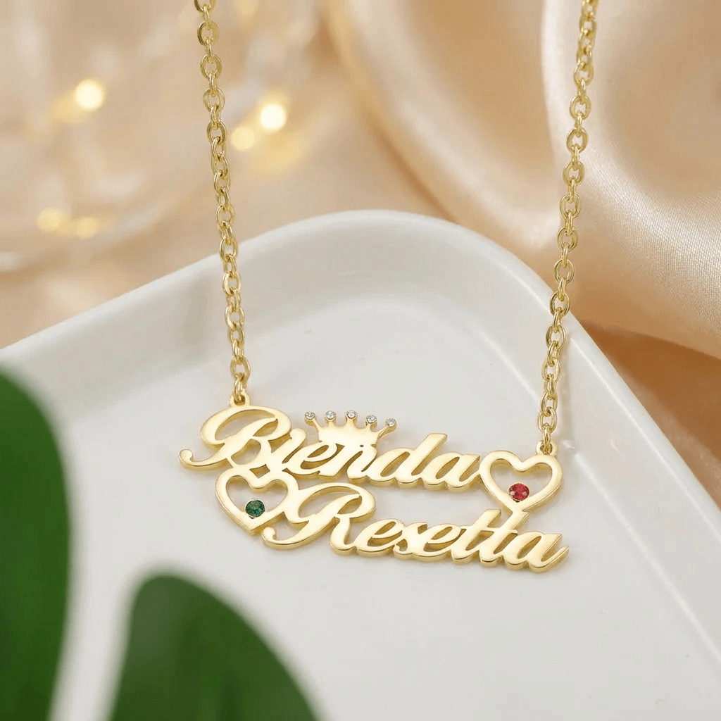 Double Heart Name Necklace with Cuban Chain by AUREATE, featuring personalized name design and interlocking hearts.