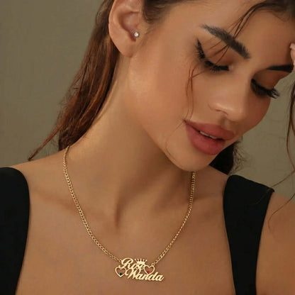 Double Heart Name Necklace with Cuban Chain displayed on a model, showcasing personalized touch and elegance.