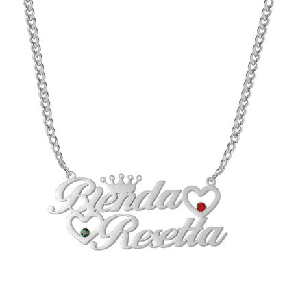 Double Heart Name Necklace with Cuban Chain featuring sparkling names Brenda and Resetta with heart embellishments, AUREATE brand.