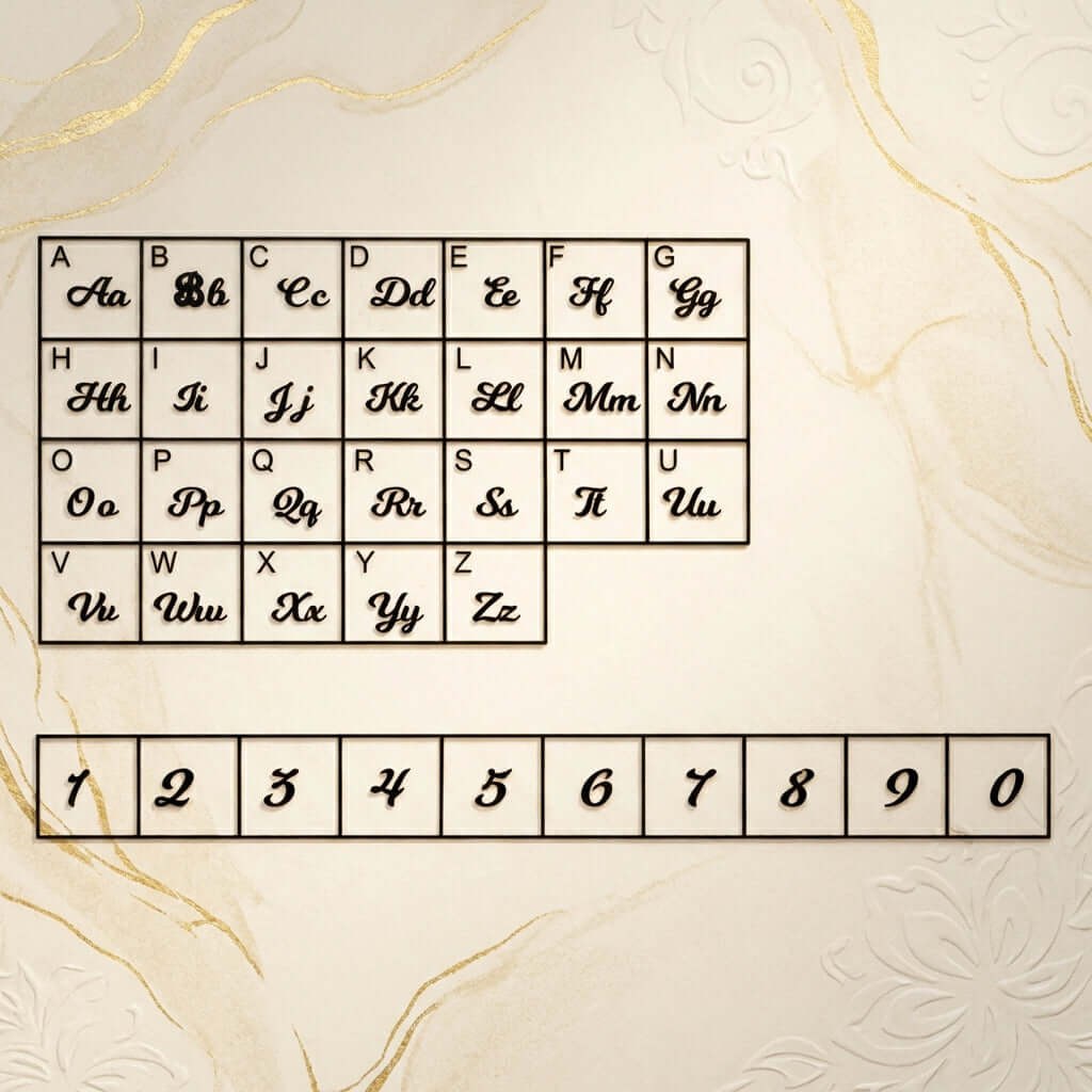 Alphabet and number chart in elegant script design for personalized jewelry selection.