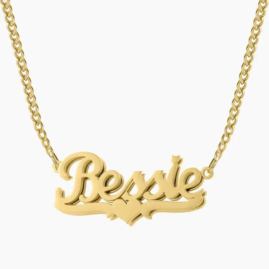 Double Plated Heart Name Necklace with Cuban Chain by AUREATE featuring personalized name Bessie in gold.