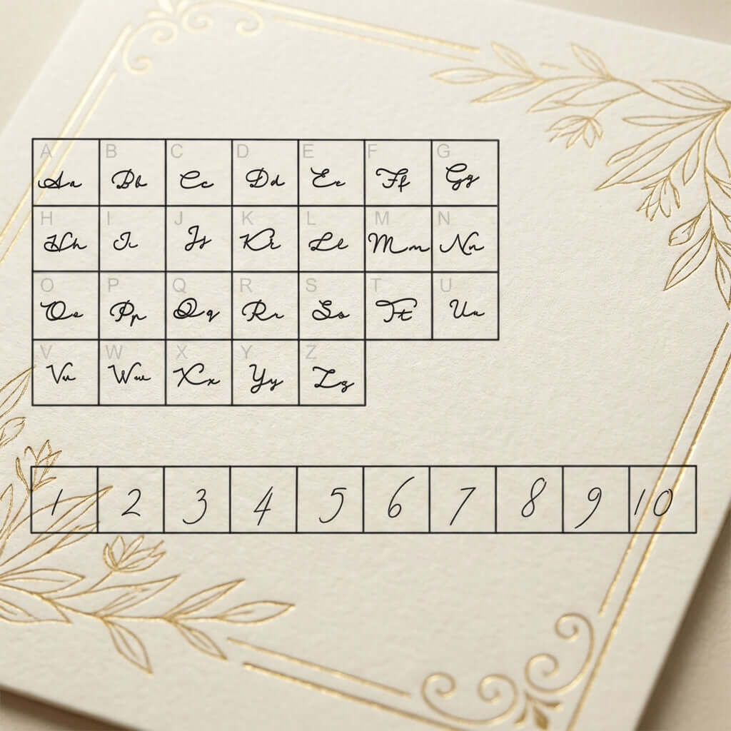 Vertical Personalised Necklace customization guide with elegant script alphabet and numbers on cream background.