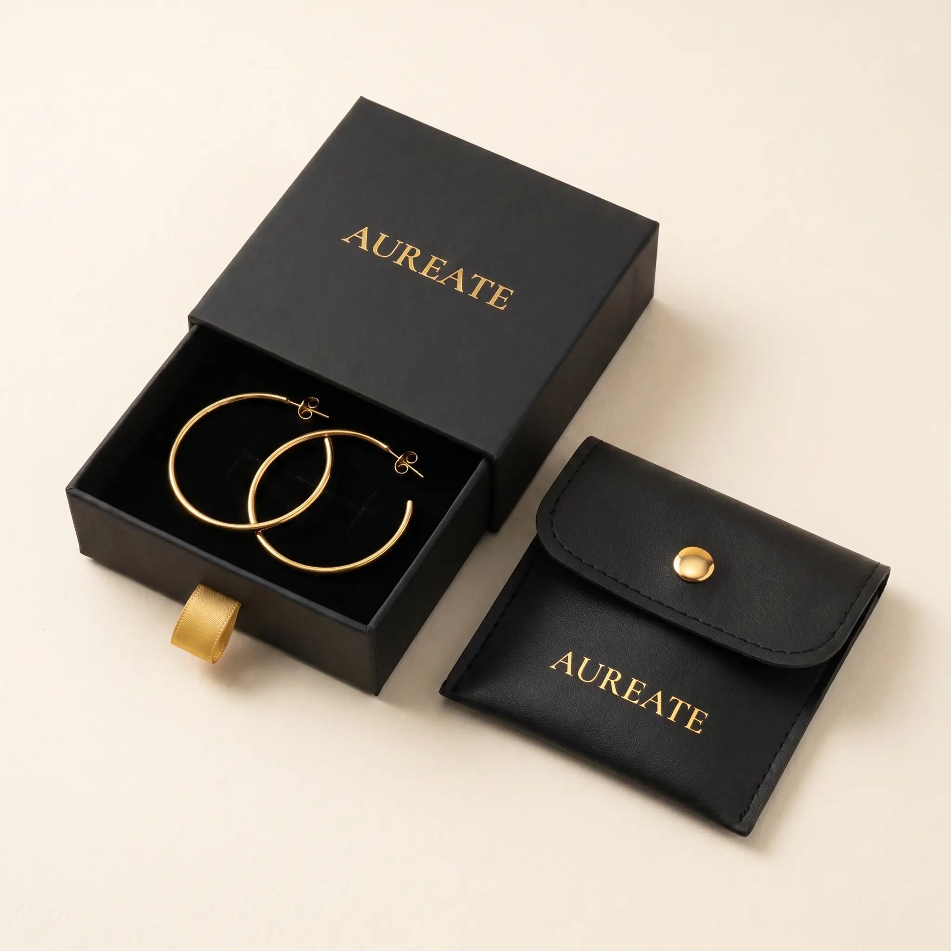 Timeless Gold Hoop Earrings in AUREATE gift box with leather pouch