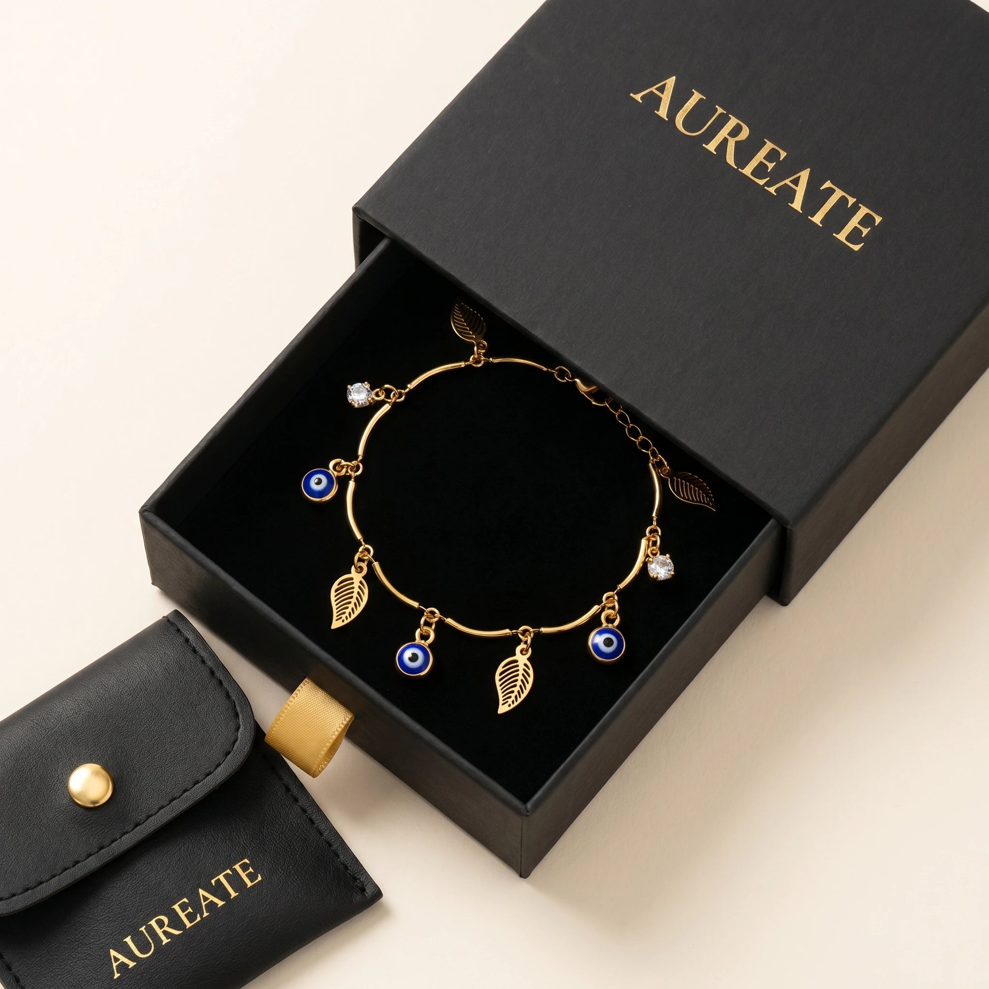 Evil Eye Leaf Anklet AUREATE gift box v3 - charms dangling