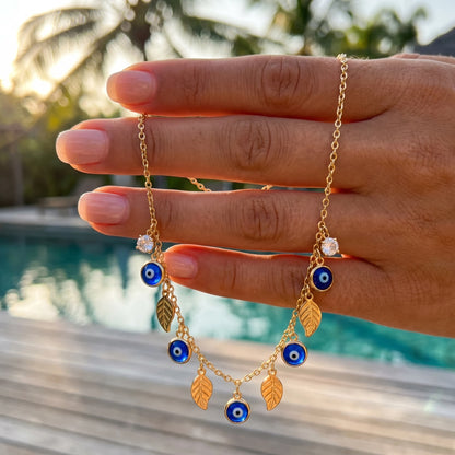 Evil Eye Leaf Anklet handheld inverted-V drape tropical poolside