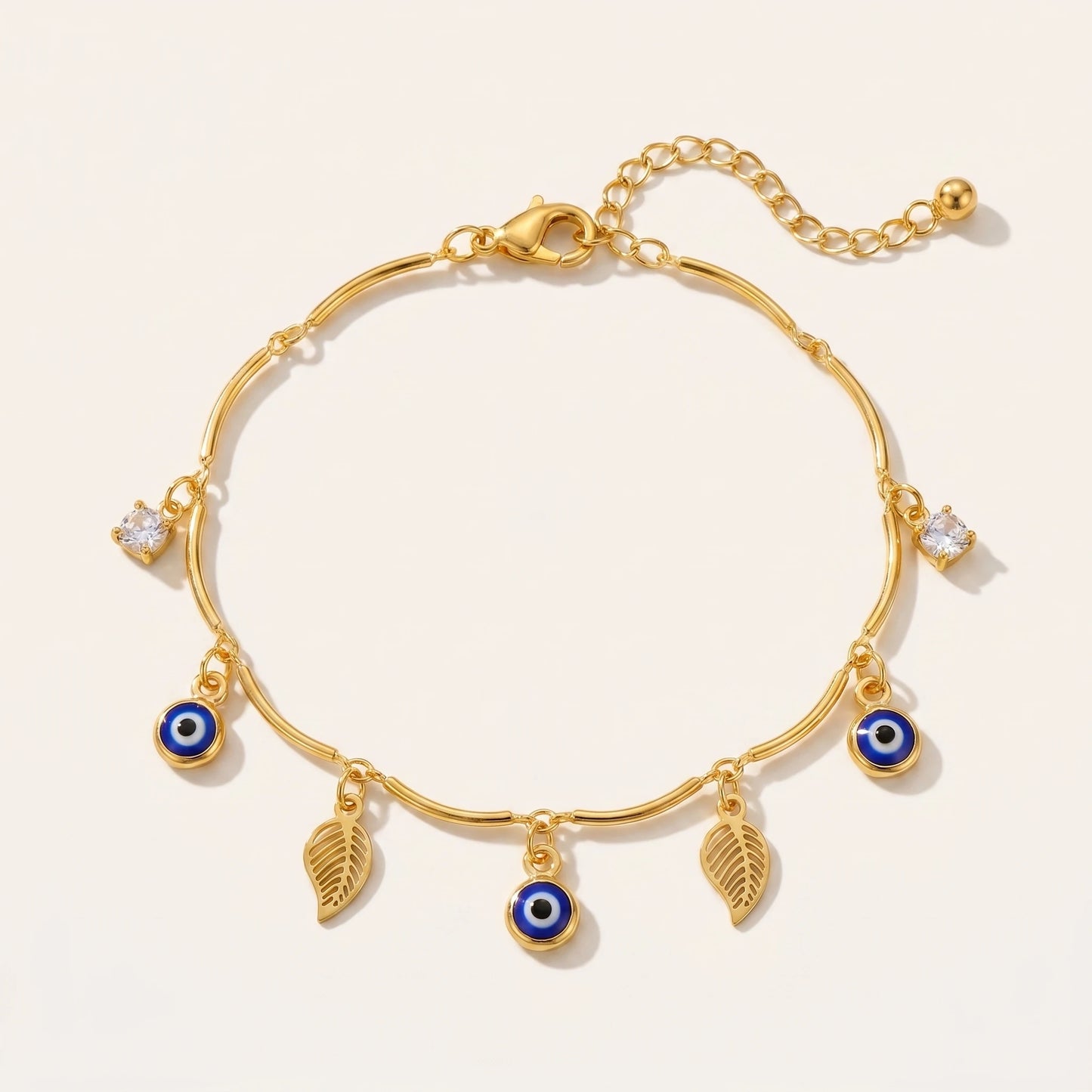 Evil Eye Leaf Anklet packshot closed oval - 4 eyes 3 leaves 2 crystals end-caps