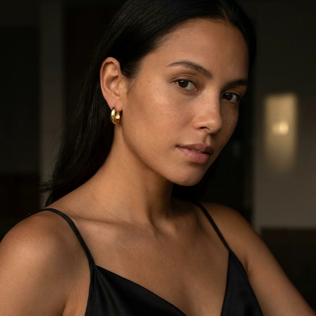 18K gold plated chunky dome hoop earrings, worn, close portrait | SKU: AUR-CHKDOM-G