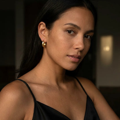 18K gold plated chunky dome hoop earrings, worn, close portrait | SKU: AUR-CHKDOM-G