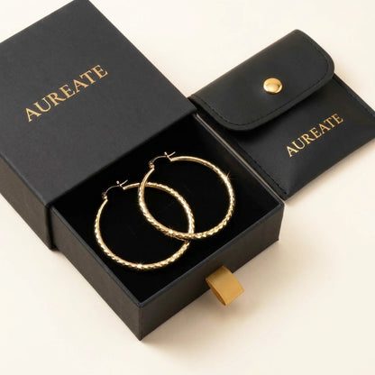 18K gold plated diamond cut large hoop earrings, in its gift box | SKU: AUR-DCTHOP-G