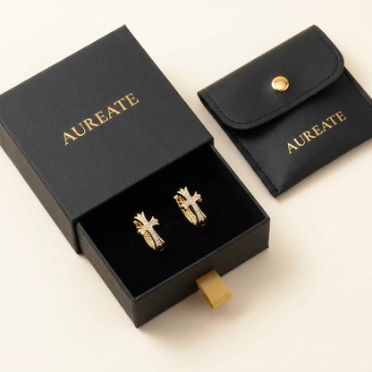 18K gold plated pave cross huggie hoop earrings, in its gift box | SKU: AUR-CRXHUG-G