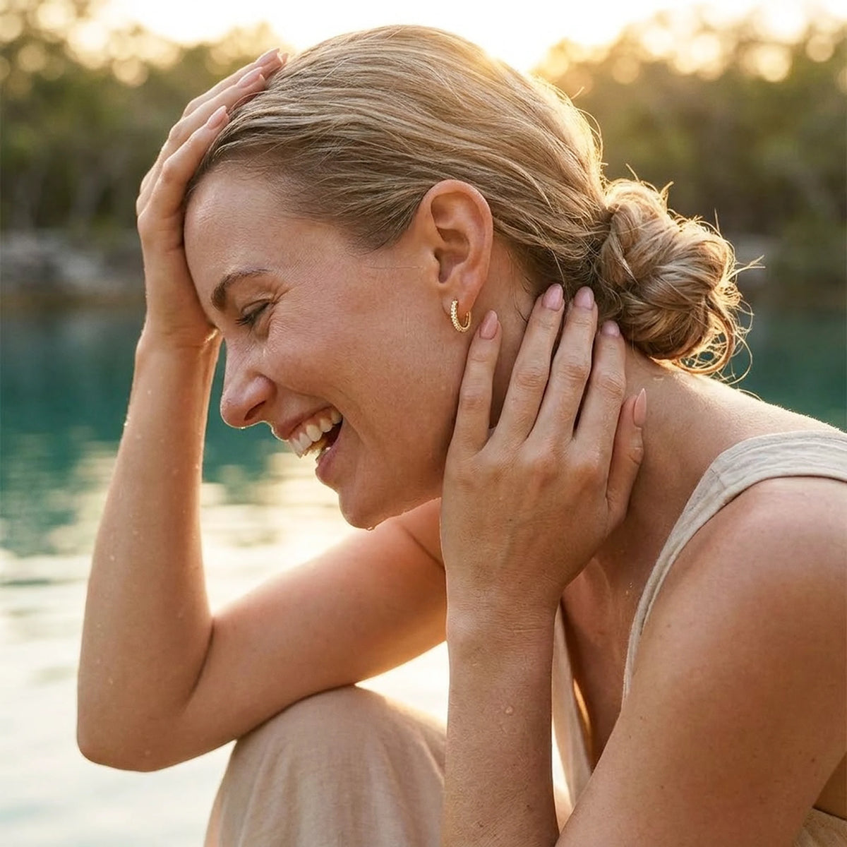 18K gold plated pave huggie hoop earrings, worn in the sea, waterproof | SKU: AUR-PVHUGG-G