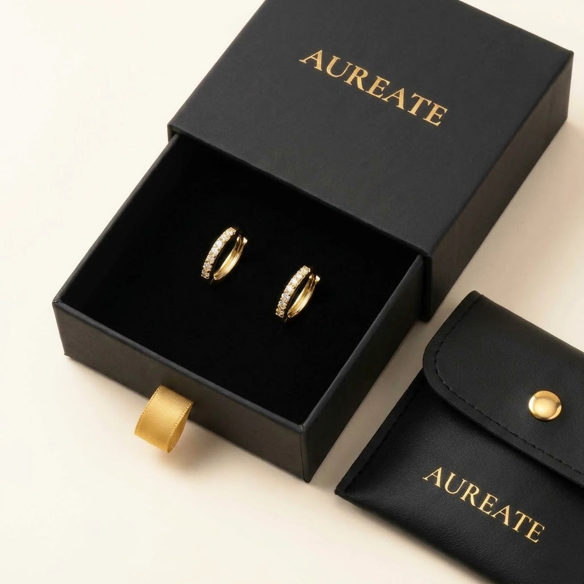 18K gold plated pave huggie hoop earrings, in its gift box | SKU: AUR-PVHUGG-G