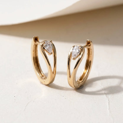 18K gold plated pear cut crystal huggie hoop earrings, product shot on white | SKU: AUR-PRCZHG-G