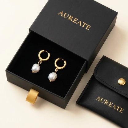 18K gold plated freshwater pearl drop huggie earrings, in its gift box | SKU: AUR-PRLHUG-G