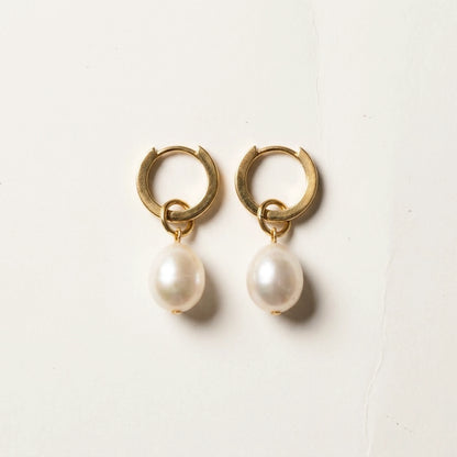 18K gold plated freshwater pearl drop huggie earrings, product shot on white | SKU: AUR-PRLHUG-G