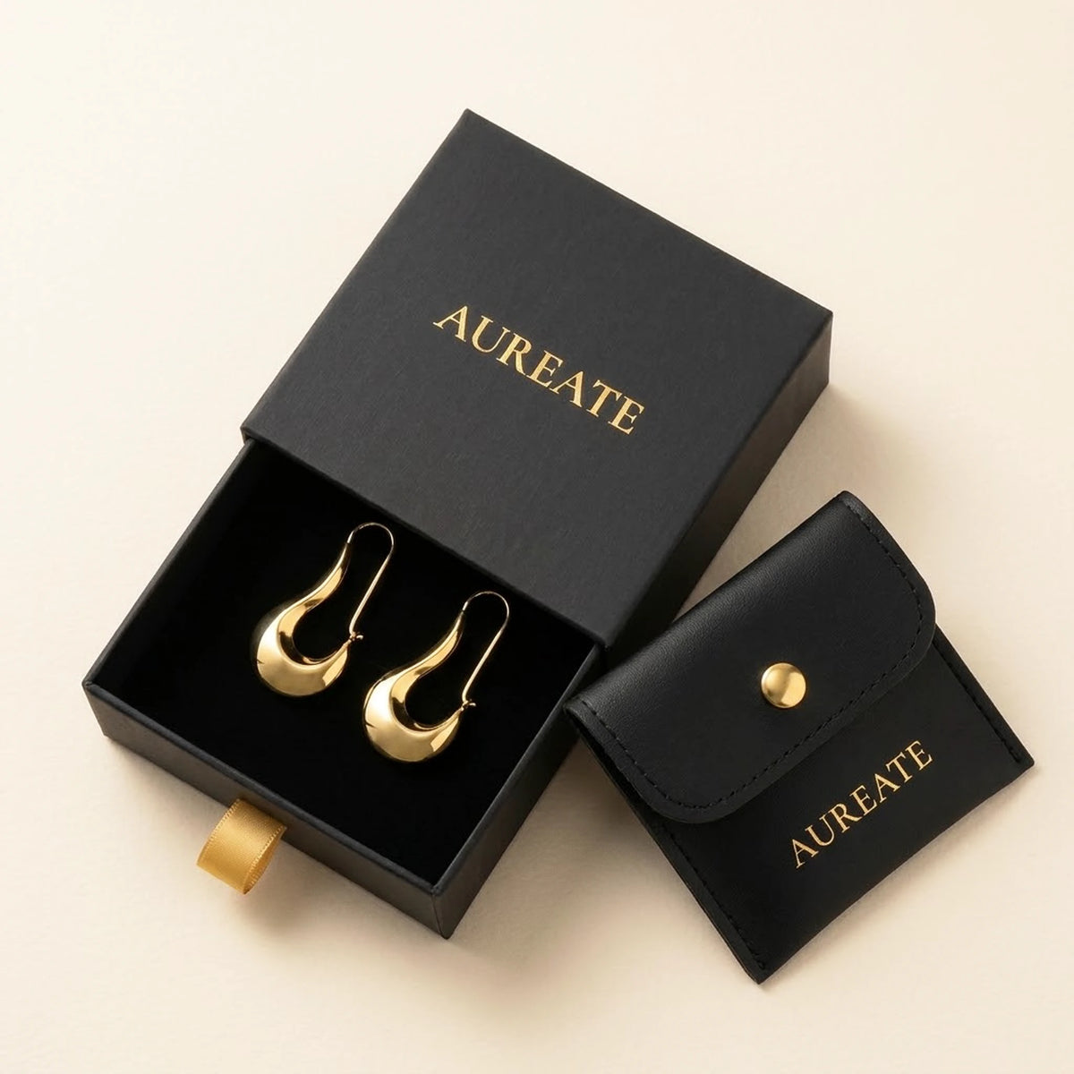 18K gold plated sculpted crescent drop earrings, in its gift box | SKU: AUR-SCPCRS-G