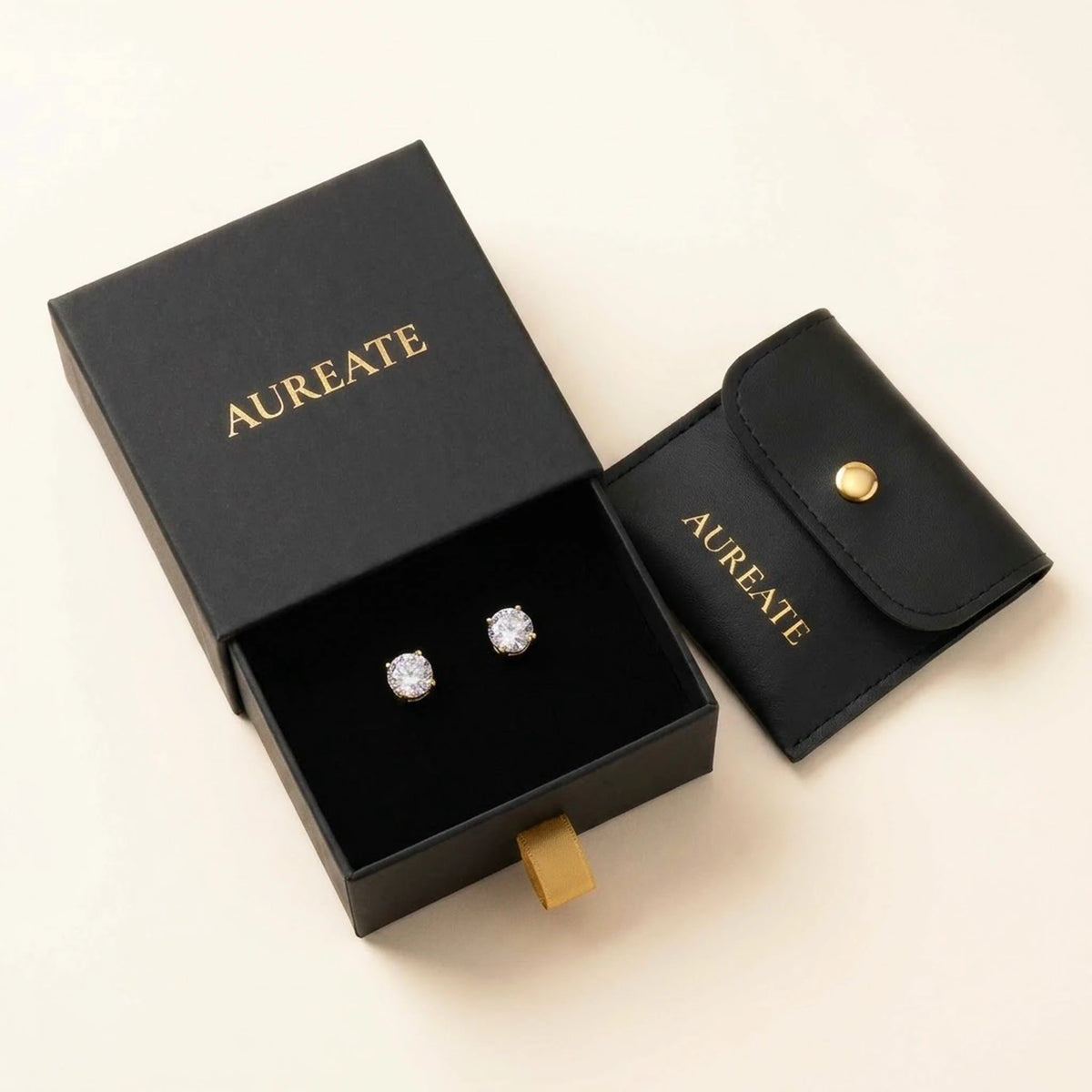 18K gold plated cubic zirconia solitaire stud earrings, in its gift box | SKU: AUR-SOLSTD-G