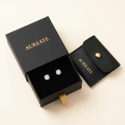 18K gold plated cubic zirconia solitaire stud earrings, in its gift box | SKU: AUR-SOLSTD-G