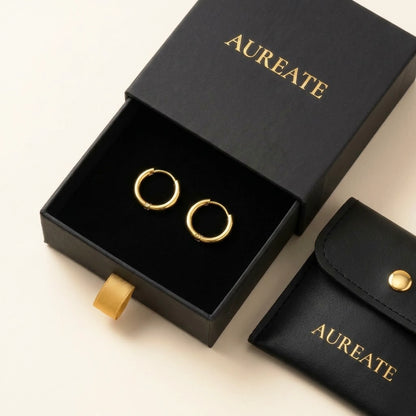 18K gold plated tiny huggie hoop earrings, in its gift box | SKU: AUR-TNYHUG-G