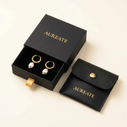 18K gold plated twisted rope pearl drop hoop earrings, in its gift box | SKU: AUR-TWPRLH-G