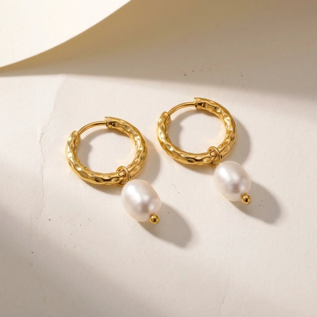 18K gold plated twisted rope pearl drop hoop earrings, product shot on white | SKU: AUR-TWPRLH-G