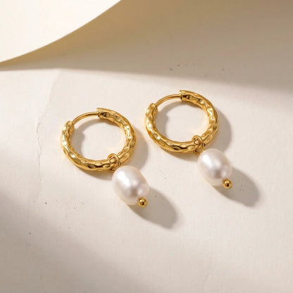18K gold plated twisted rope pearl drop hoop earrings, product shot on white | SKU: AUR-TWPRLH-G