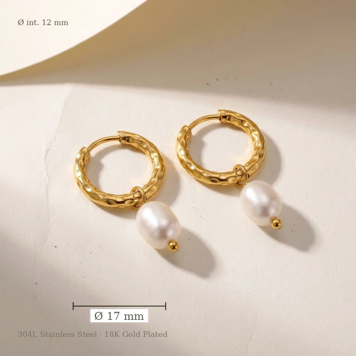 18K gold plated twisted rope pearl drop hoop earrings, size guide with measurements | SKU: AUR-TWPRLH-G