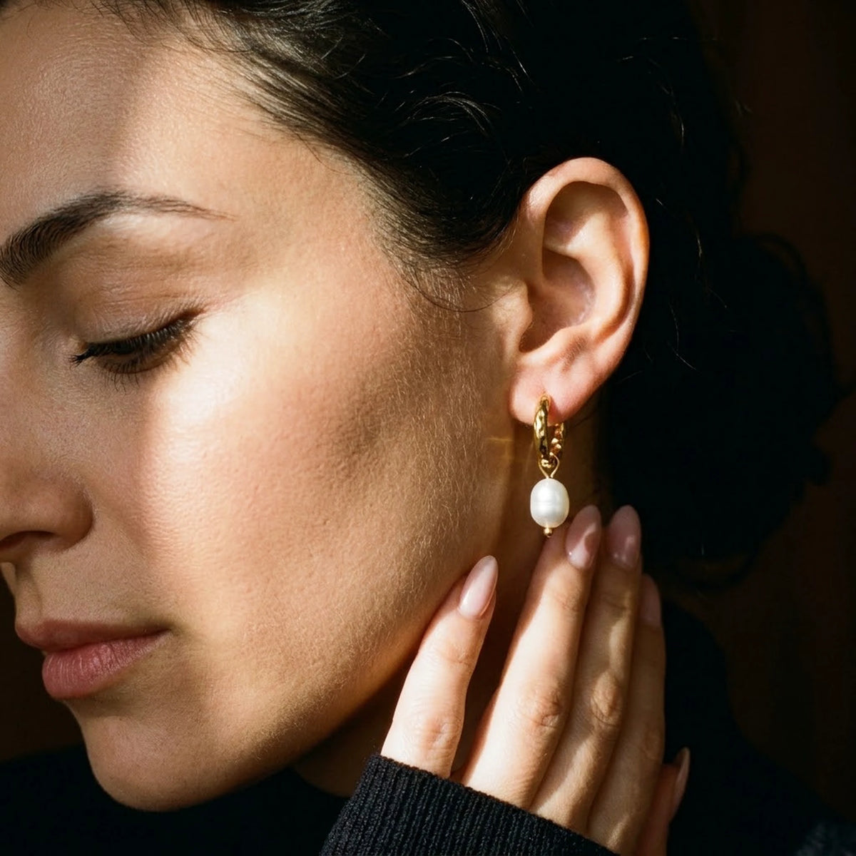 18K gold plated twisted rope pearl drop hoop earrings, worn, close detail in warm light | SKU: AUR-TWPRLH-G