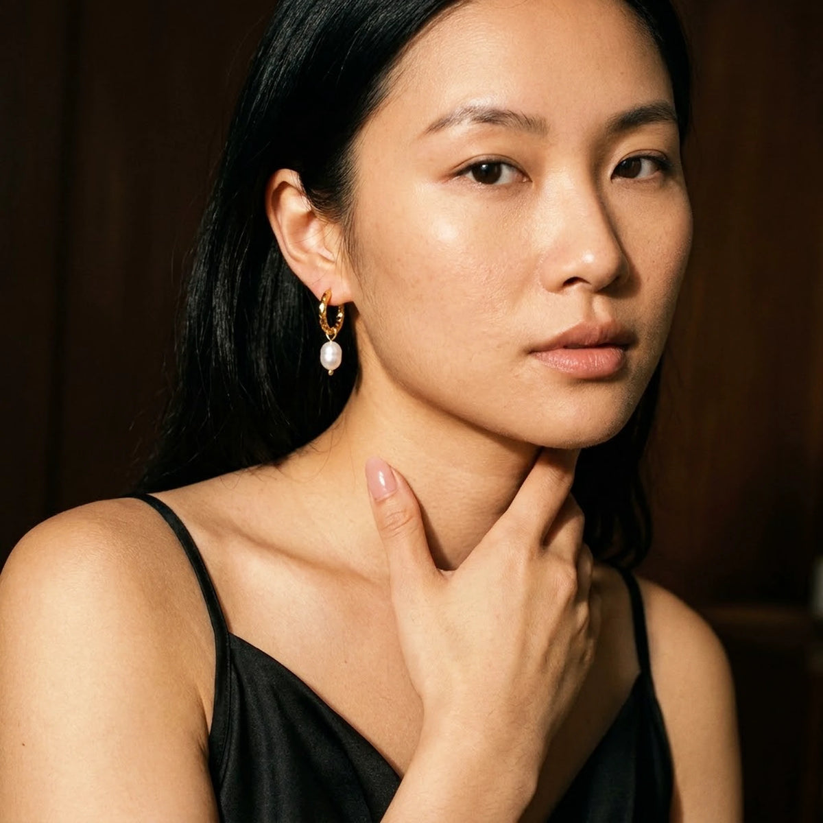 18K gold plated twisted rope pearl drop hoop earrings, worn, close portrait | SKU: AUR-TWPRLH-G