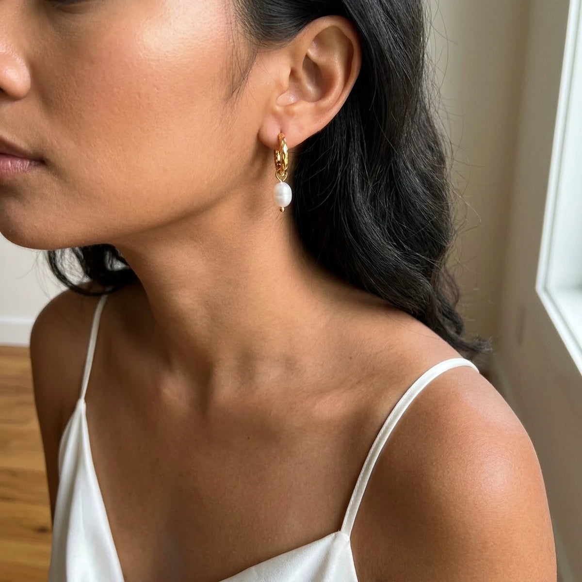 18K gold plated twisted rope pearl drop hoop earrings, worn, three quarter view | SKU: AUR-TWPRLH-G
